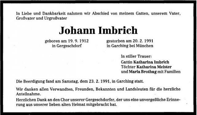 Imbrich Johann 1912-1991 Todesanzeige